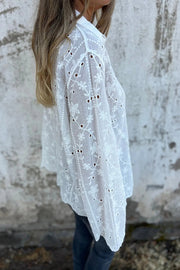 Embroidered Plant Long Sleeve Lapel Hollow Casual Shirt