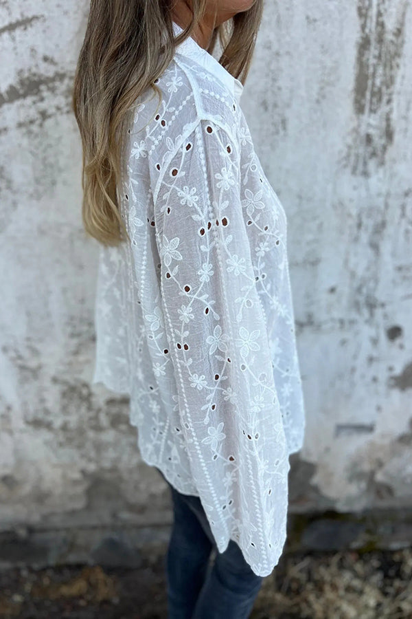 Embroidered Plant Long Sleeve Lapel Hollow Casual Shirt