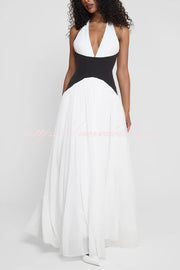 Fashionable Color Matching Sexy Halter Neck Waist Maxi Dress
