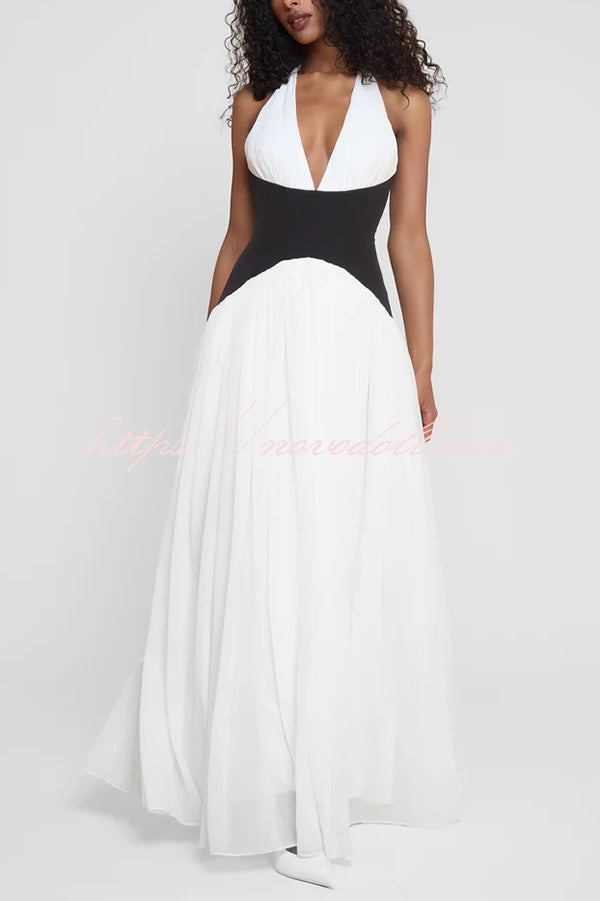 Fashionable Color Matching Sexy Halter Neck Waist Maxi Dress