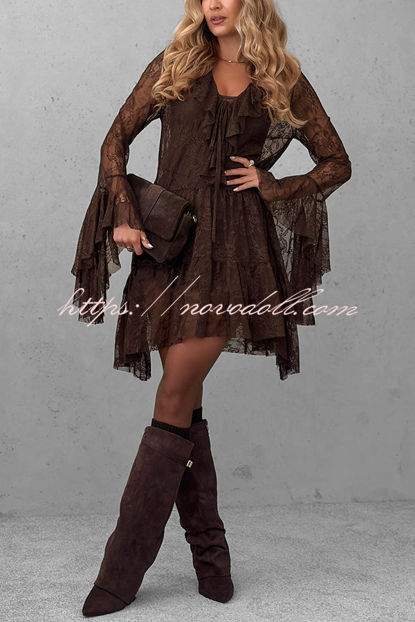 Feeling Lighthearted Lace Ruffle Neck Bell Sleeve Layered Hem A-line Mini Dress