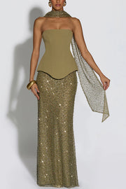 Oakley Corset Strapless Top and Sequin High Rise Maxi Skirt Scarf Set