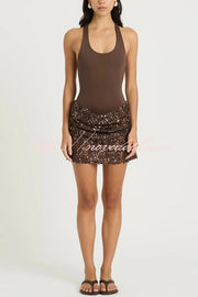 Shine Your Event Ruched Sequin Draped Hem Tank Stretch Mini Dress