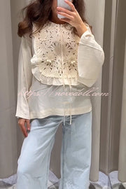 Fashionable Round Neck Tie Hollow Stitching Casual Shirt
