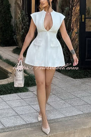 Simple Yet Chic Cap Sleeve V Neck Bubble-shaped Mini Dress