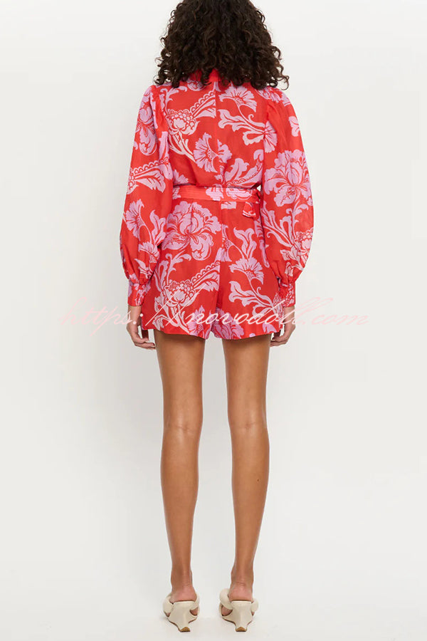 Linen Blend Botanical Print Lapel Puff Sleeve Loose Tie Casual Rompers
