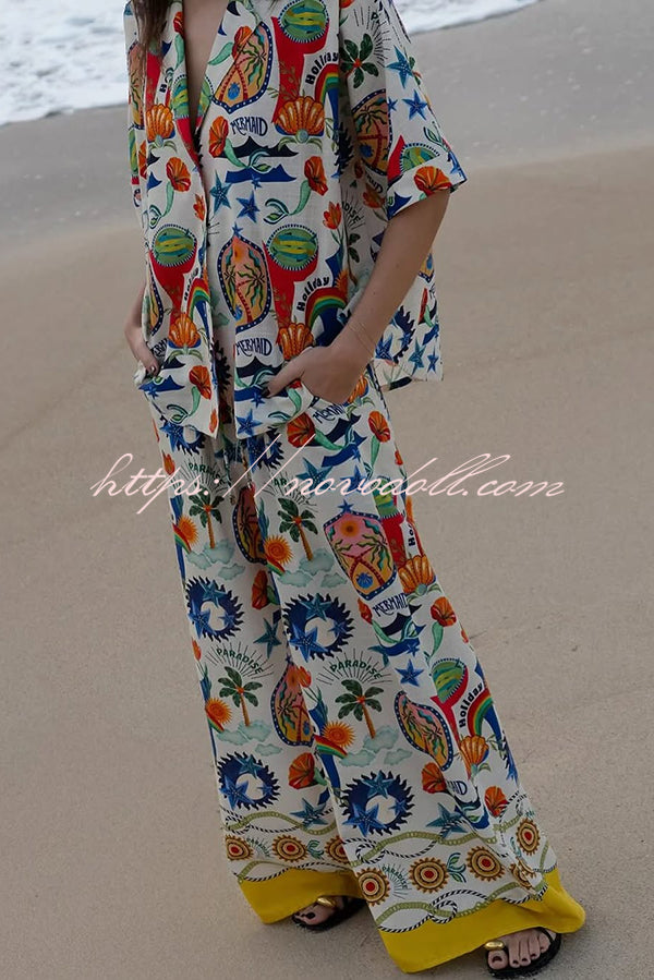 Linen Blend Unique Print Loose Short Sleeve Shirt and Elastic Waist Tie Pocket Pants Set