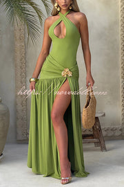 Solid Color Halter Neck Backless Slim Fit Pleated Slit Maxi Dress