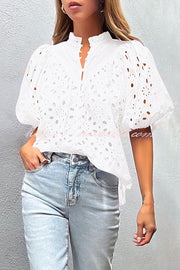 Hollow Embroidered Lace V-neck Buttoned Lantern Sleeve Blouse