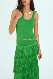 Solid Color Sleeveless Slim Fit Fringed Hem Knitted Midi Dress