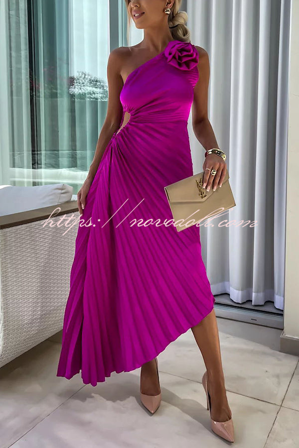 Romantic Nights Satin Raised Flower Elastic Cutout One Shoulder Pleated Maxi Dress