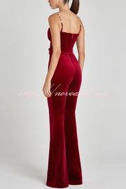 Eliza Luxurious Velvet Fabric Jewel-embellished Shoulder Straps Belted Flare Jumpsuit