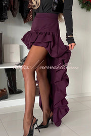 Toast To Midnight Solid Color High Rise Irregular Ruffled High Low Maxi Skirt