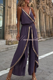 Tamia Gold Trim Elastic Waist Slit Wide Leg Slip Jumpsuit