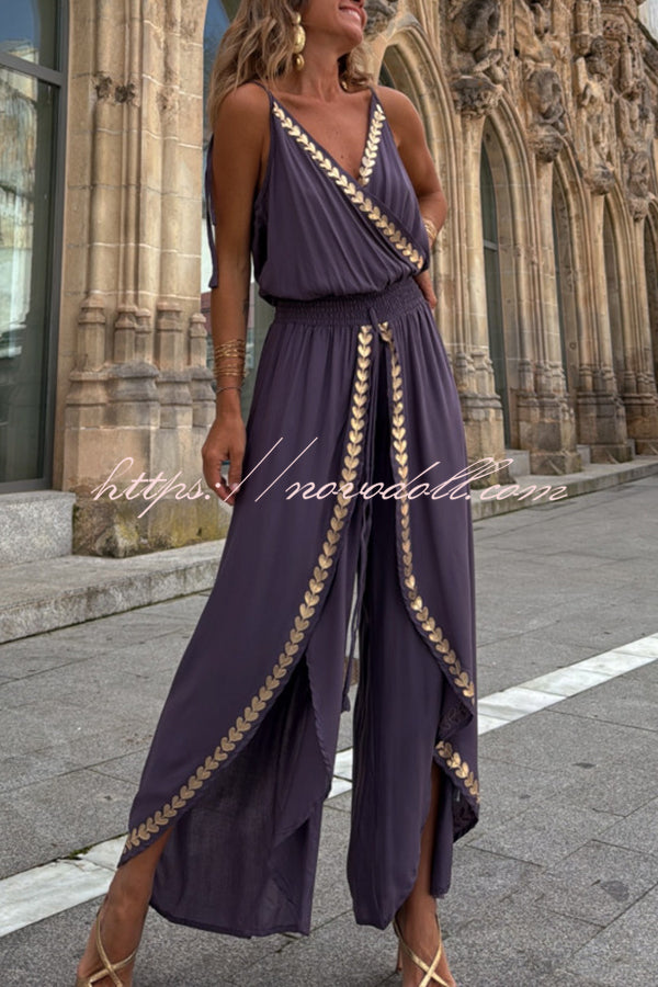 Tamia Gold Trim Elastic Waist Slit Wide Leg Slip Jumpsuit