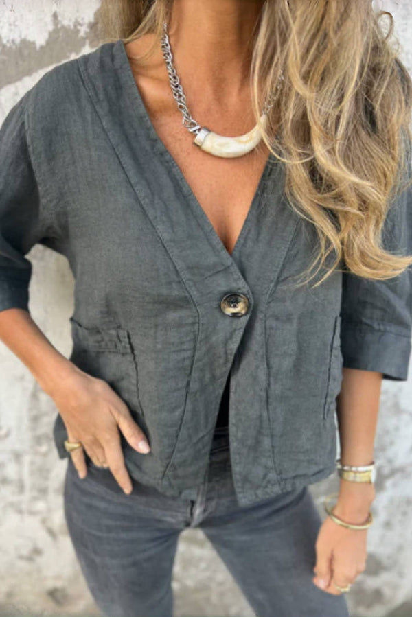 Linen Blend Solid Color Loose V-neck Button-down Casual Top