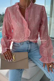 Stripe Print Plant Embroidery Long Sleeve Casual Shirt