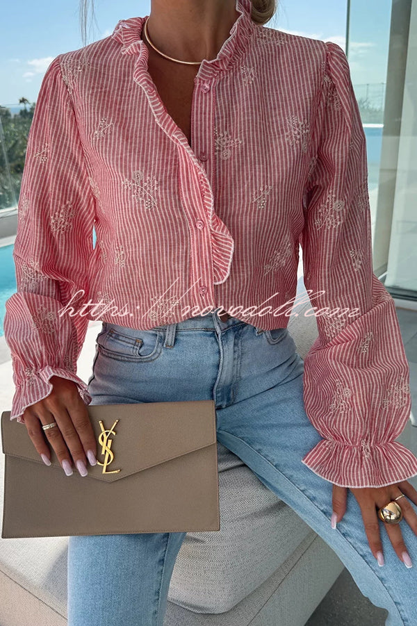 Stripe Print Plant Embroidery Long Sleeve Casual Shirt