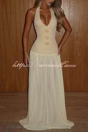 Giselle Gold Starfish Hardware Halter Back Lace-up Tulle Maxi Dress