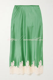 Celebration Look Contrast Color Satin Lace Trim Elastic Waist Drape Midi Skirt
