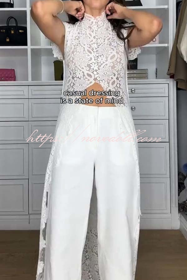 Elegant Personality Floral Lace Short Sleeve Front Slit Maxi Top