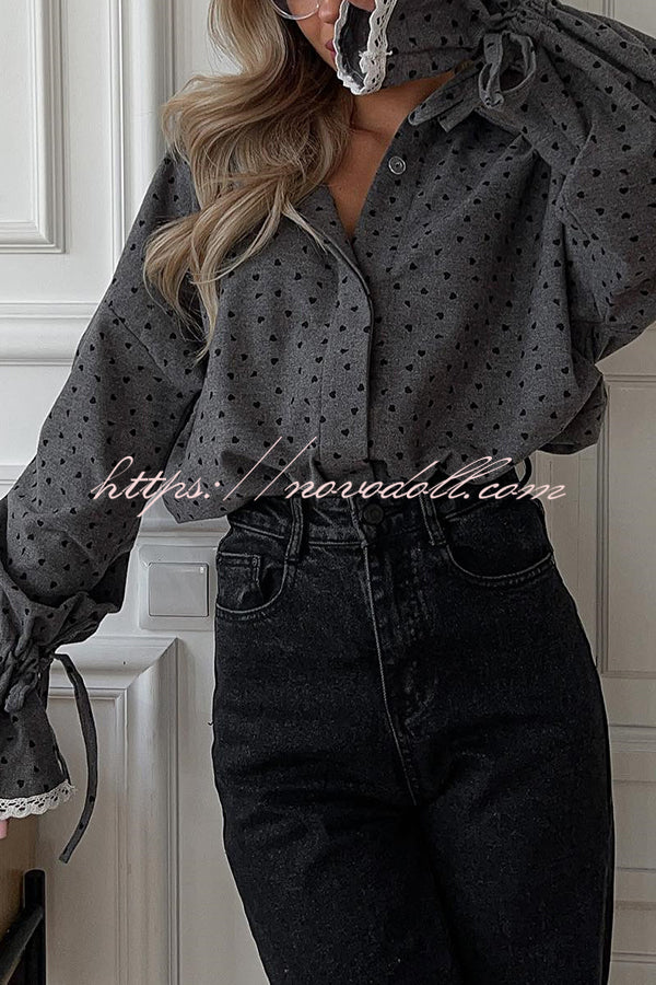 Fashionable Love Polka Dot Lapel Lace Cuffs Casual Shirt