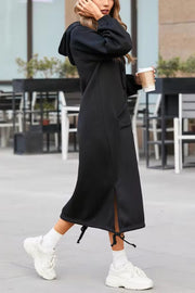 Solid Color Casual Hooded Lace-up Pocket Sweatshirt Style Midi Dress