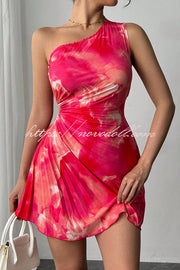 Fashion Tie-Dye One-Shoulder Hollow Pleated Mini Dress
