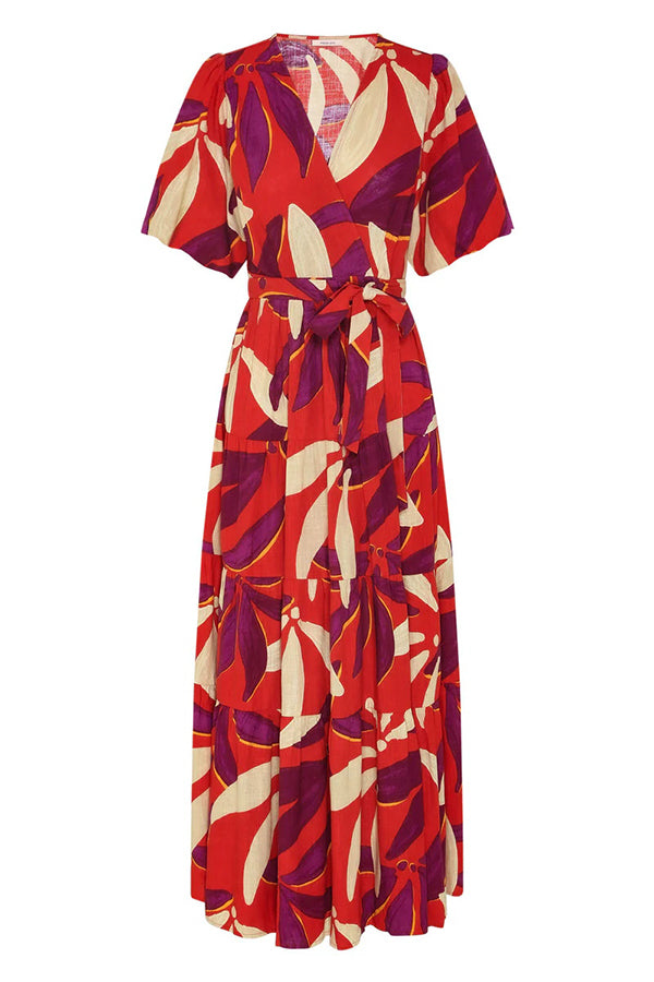 Unique Printed V-neck Puff Sleeves Tie Waist Midi Dress