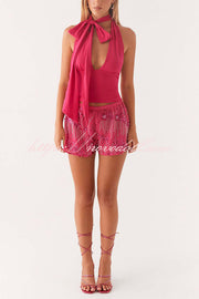Dazzling Sequin Beaded Material Low Rise Elastic Waist Loose Shorts