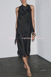Dolly Satin Lace Trim Halter Cowl Neck Asymmetric Hem Tank