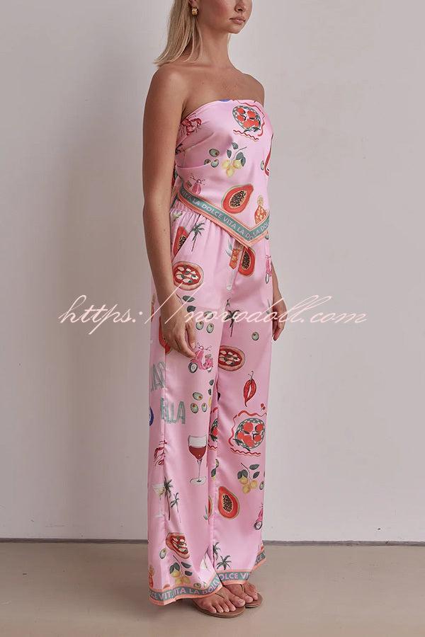 Linen Blend Unique Printed Bandeau Top and Elastic Waist Pocket Pants Set