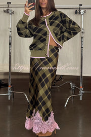 Holiday plaid Satin Unique Print Patchwork Lace Stretch Waist Draped Maxi Skirt