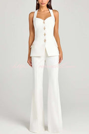 Women Power Metal Cross Snap Button Sweetheart Neck Wide Strap Vest
