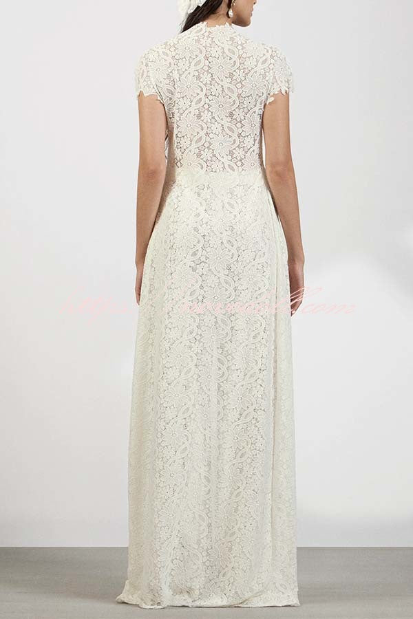 Elegant Personality Floral Lace Short Sleeve Front Slit Maxi Top