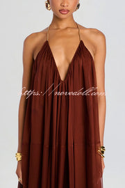 Flowing Lightweight Chiffon Chain Halter Neck Detail Backless A-line Maxi Dress