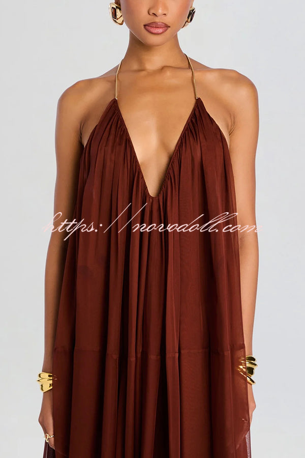 Flowing Lightweight Chiffon Chain Halter Neck Detail Backless A-line Maxi Dress