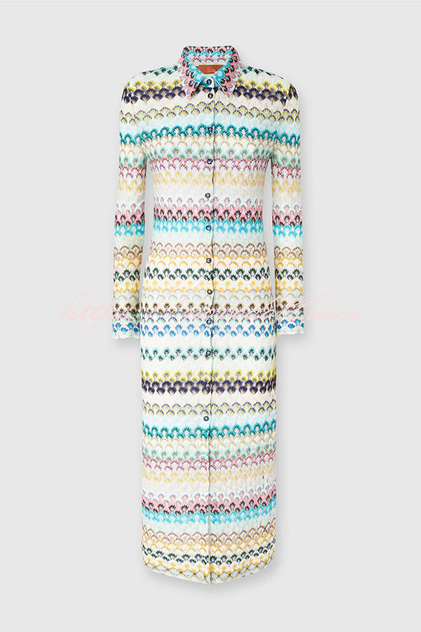 Anna Knit Colorful Herringbone Print Shirt Neck Button Long Sleeve Slim-fit Long Cardigan