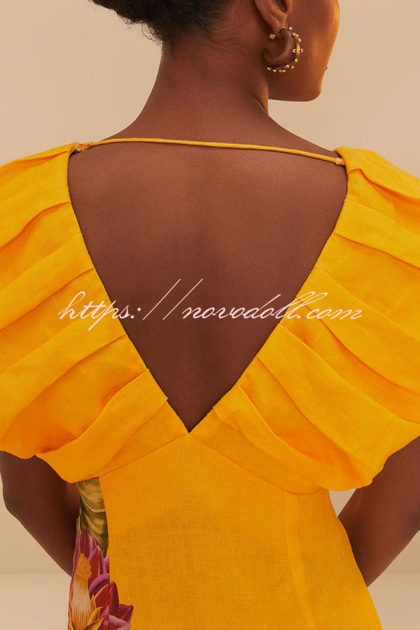 Plant Print V-neck Open Back Holiday Style Slit Midi Dress