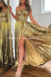 Queen Style Metallic Fabric Cross Neck Cutout Slit Pleated Maxi Dress