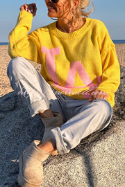 Letter Pattern Crew Neck Long Sleeve Loose Knit Sweater