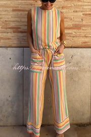 Tylah Linen Blend Colorful Striped Back Button Vest and Elastic Waist Pocket Loose Pants Set