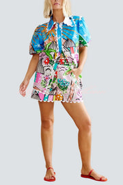 Unique Printed Wave Lace Puff Sleeve Loose Shirt and Elastic Waist Pocket Shorts Set