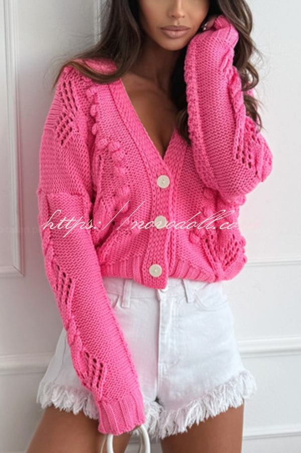 Fashion Hollow Long Sleeve V-neck Button Loose Knitted Cardigan