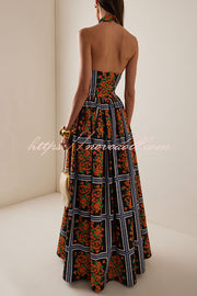Floral Print Sexy Halter Neck Maxi Dress