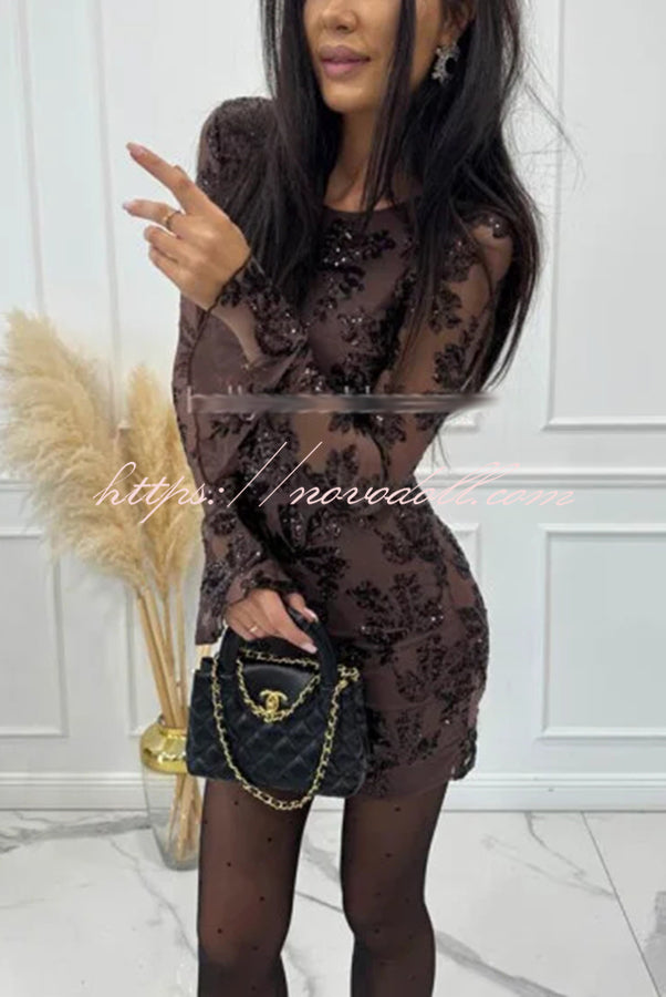 Deep and Dazzling Floral Texture Sequin Long Bell Sleeve Open Back Mini Dress