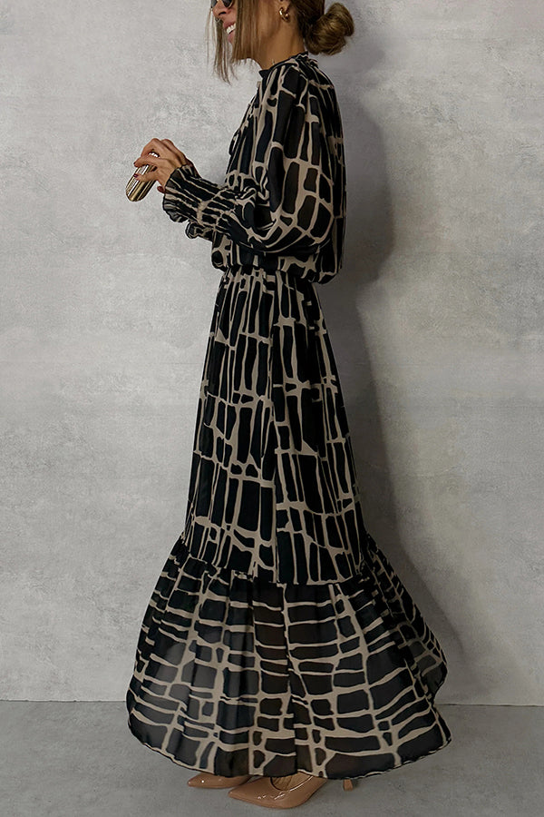 Unique Printed V-neck Tie-up Waist Long-sleeve Maxi Dress