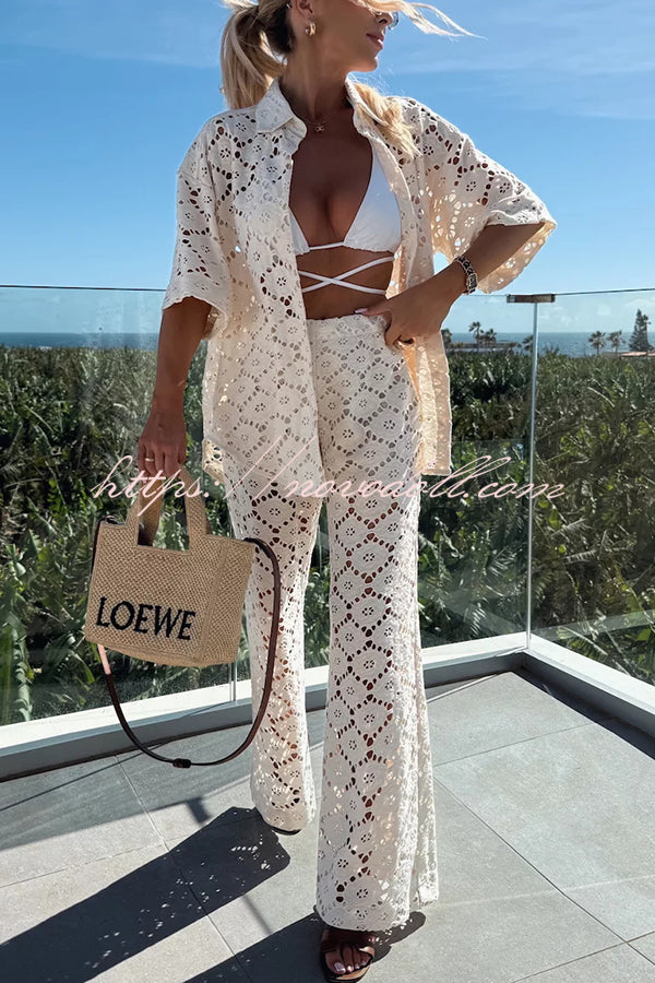Holiday Crochet Flowers Lace Short Sleeve Shirt and Elastic Waist Wide Leg Pants Set