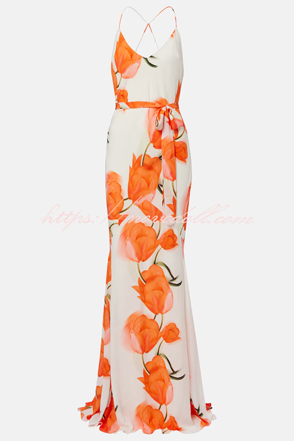 Charming Tulip Print Backless Crisscross Straps Flare Scarf Maxi Dress