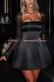 Like A Doll Sequin Long Sleeve Satin Pocketed Bubble Shape Mini Dress